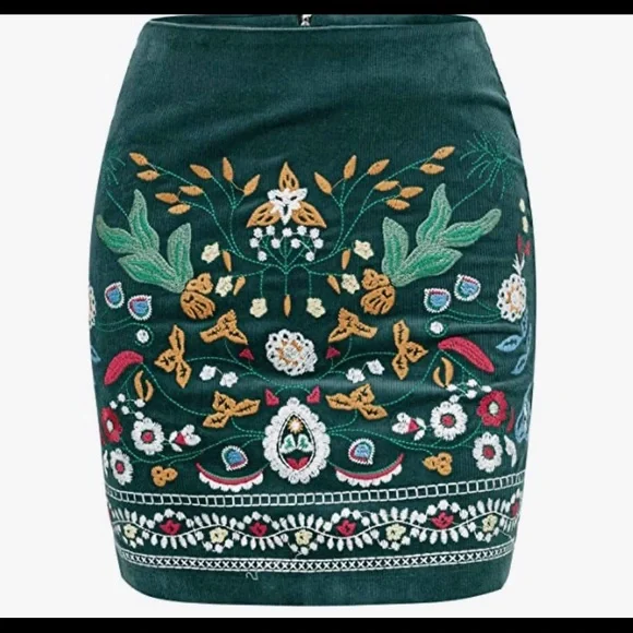 NWT SIMPLEE Embroidered Corduroy High Waist Skirt XL - Picture 8 of 14